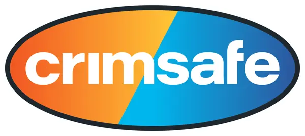 Crimsafe logo in orange and blue oval